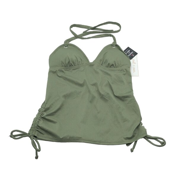 Salt + Cove Olive Green Halter Tankini Swim Top Ribbed Cinch Sides L - Picture 3 of 6